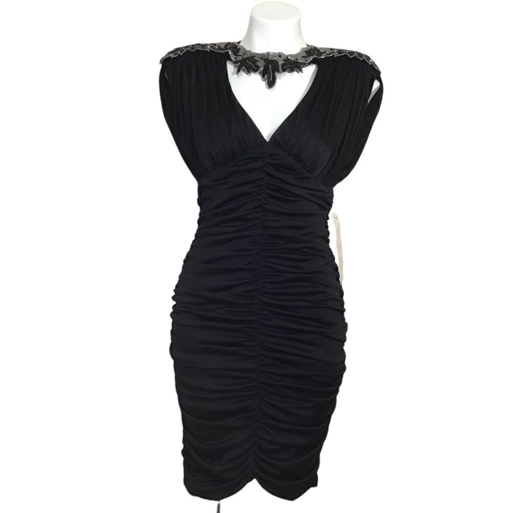 Dave & Johnny Black Dress Vintage 80s Ruched Bodycon Sequin Midi New Size 9/10